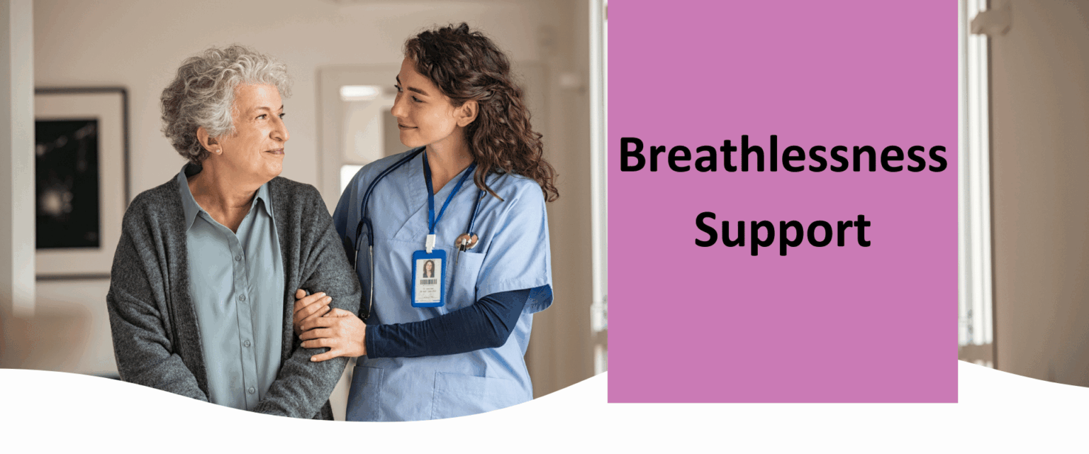 A doctor walking along the corridor with an elder patient. The banner says "Breathlessness support"