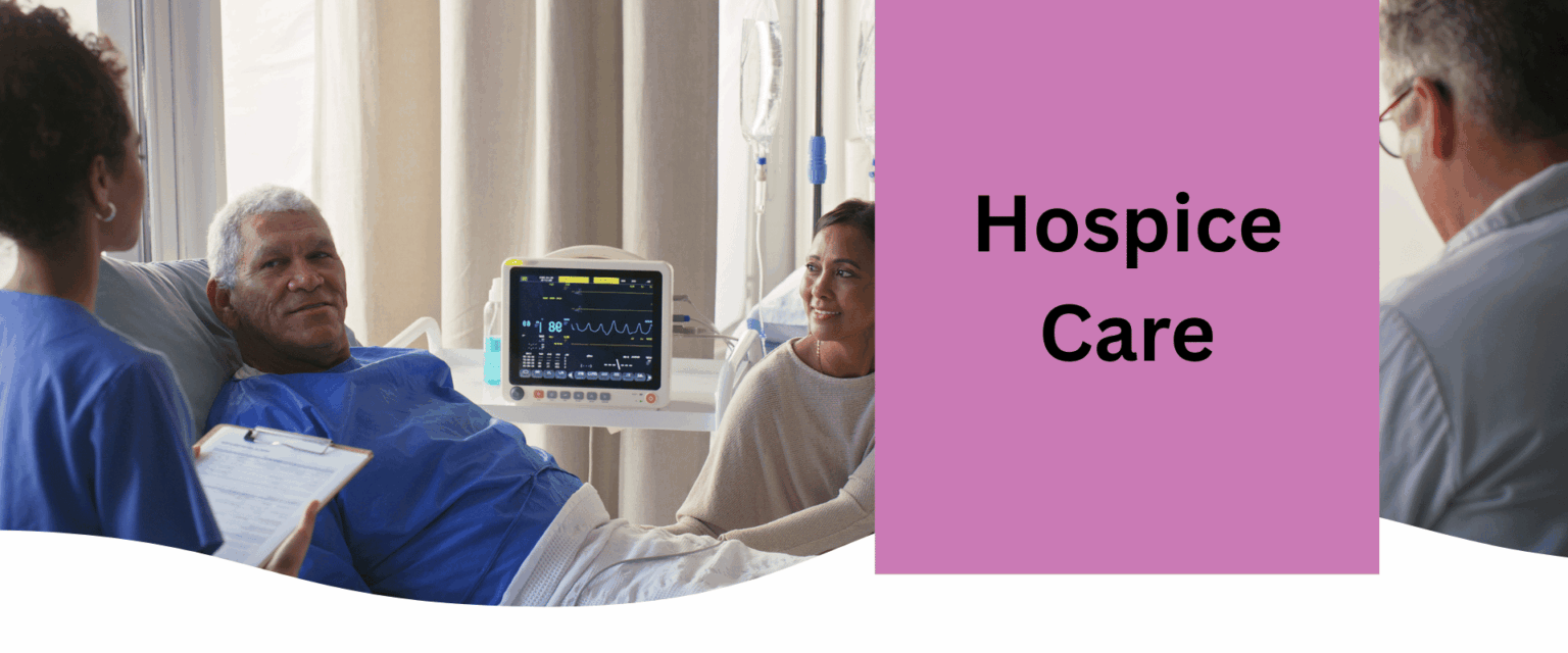 A man in a hospice bed surrounded by a Doctor and his family. It says on it "Hospice Care"